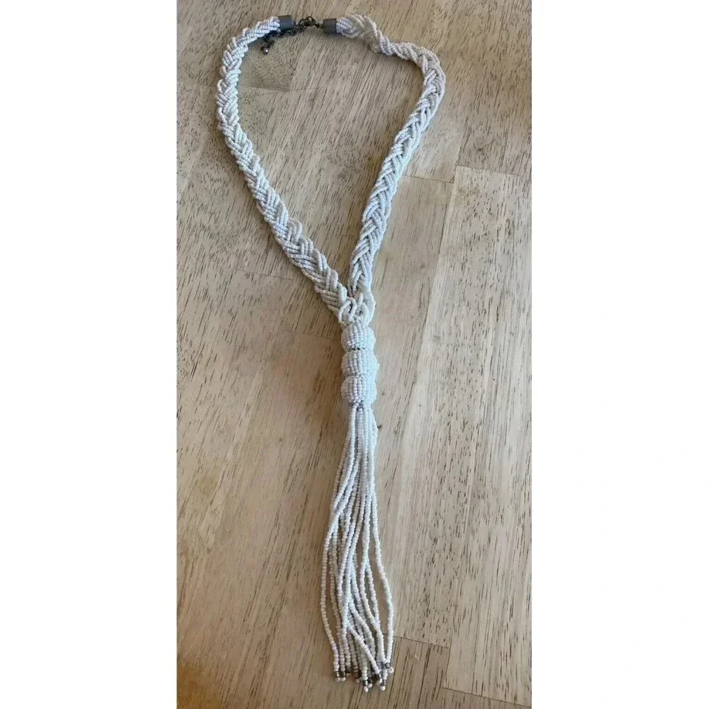 Vintage Braided White Beaded Tassel Necklace. 25” Adjustable.‎